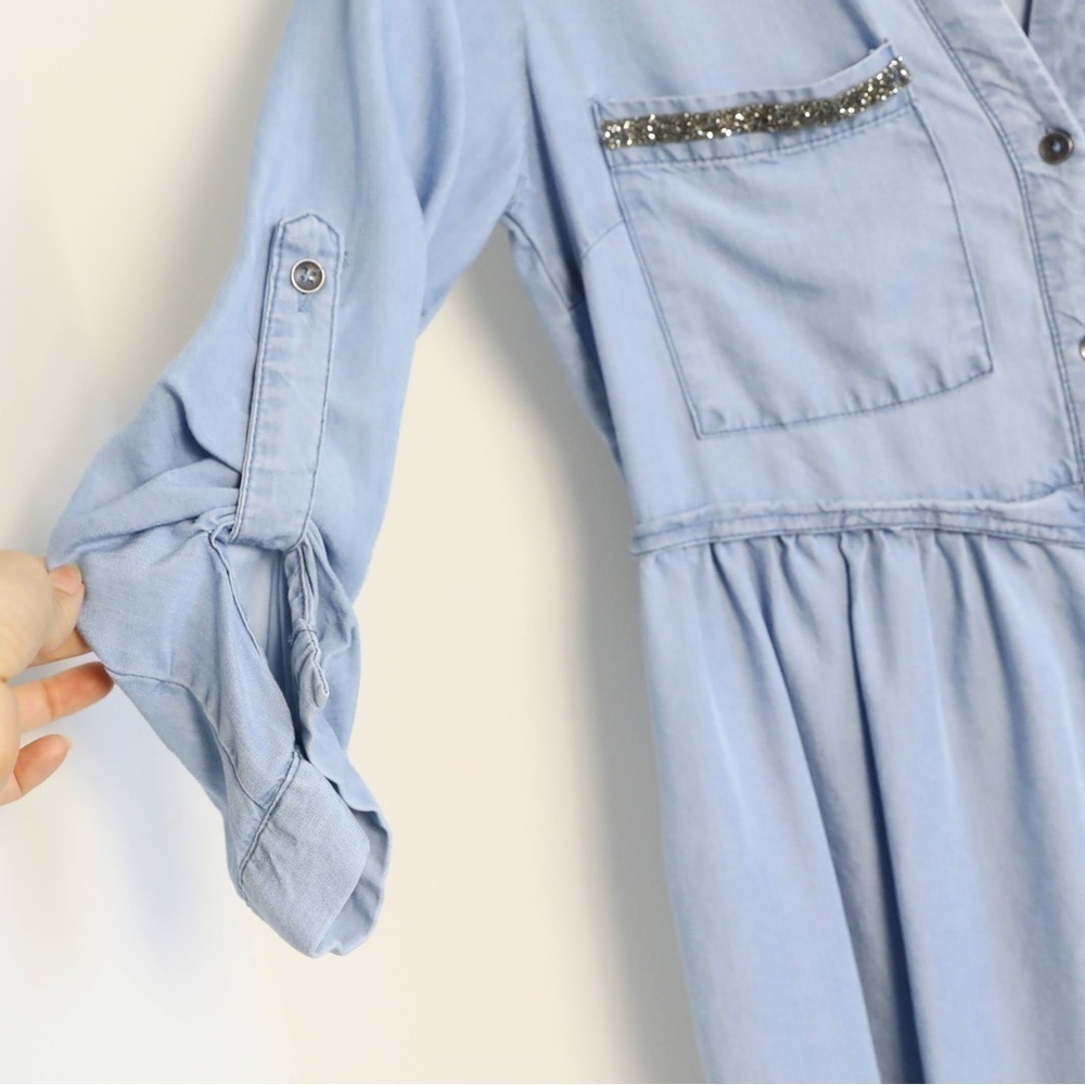 Dex chambray dress roll tab sleeve XS glitter pockets trim short mini tencel - Picture 6 of 9